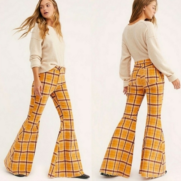 Free People Just Float On Mustard Plaid Wide Leg Flare Bell Corduroy Pants 26 - Picture 1 of 16